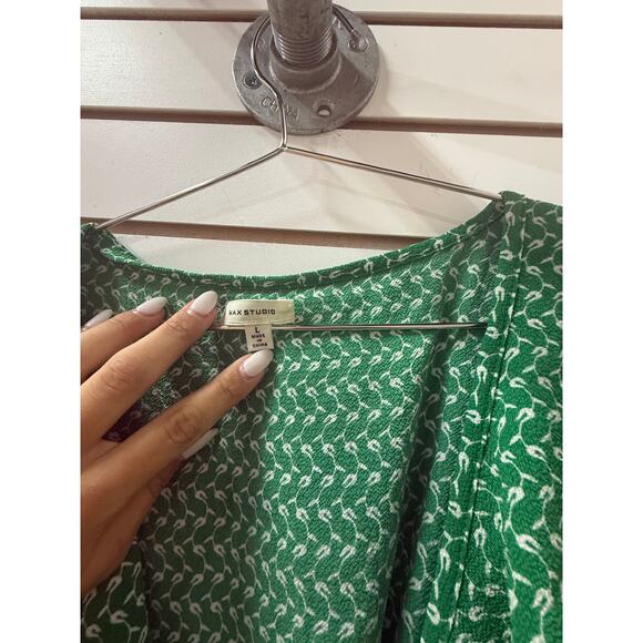 Max Studio Green Printed Asymmetric Midi Wrap Dress Ruffle Detail Size Large - Picture 5 of 5